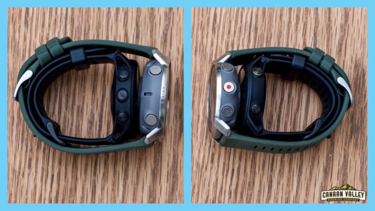 Side view of the Polar Grit X and the Garmin 745 - Grit X is on the outside in each picture